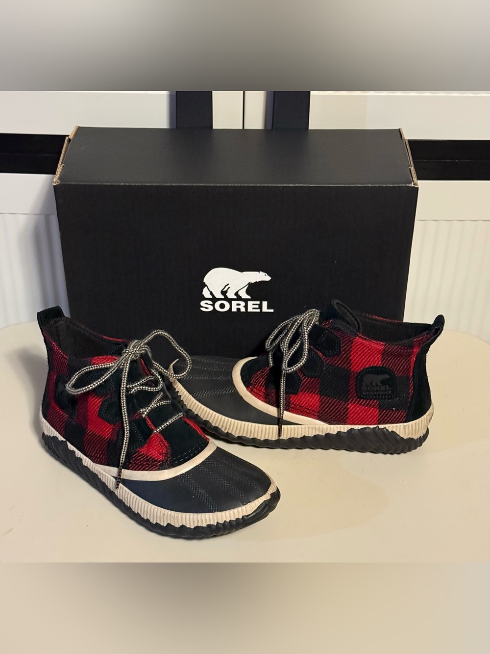 Sorel “Out N About Plus” Red and Black Plaid Lace-Up Ankle Boots Waterproof